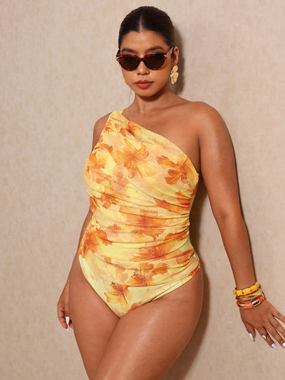 Elaquor Plus Size Floral Print One-Piece Swimsuit With Off-Shoulder Design Summer Beach Vacation Bathing Suits For Women One Piece Swimsuit Women