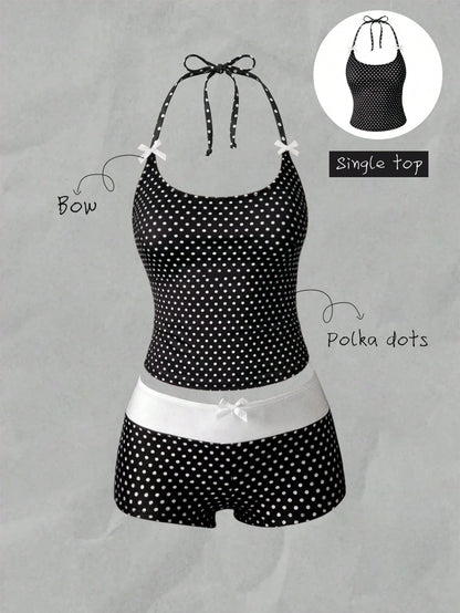 Elavelle Women's Beach Random Print Halter Neck Bow Decor Polka Dot Bikini Top, Spring/Summer