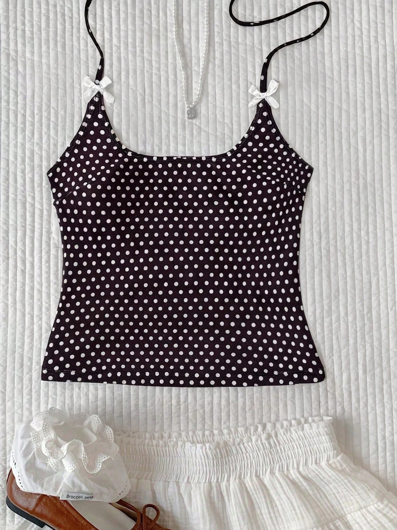 Elavelle Women's Beach Random Print Halter Neck Bow Decor Polka Dot Bikini Top, Spring/Summer