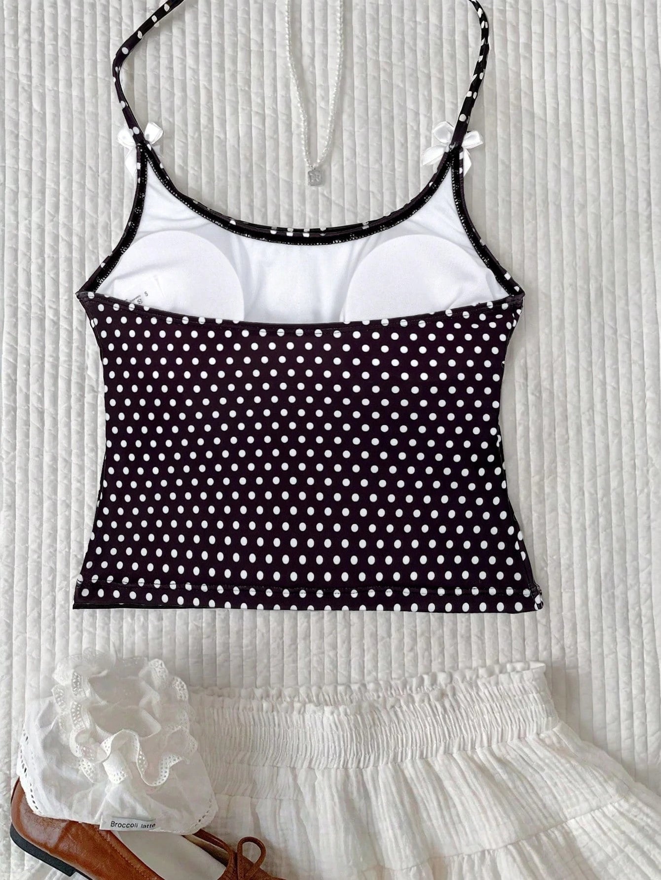 Elavelle Women's Beach Random Print Halter Neck Bow Decor Polka Dot Bikini Top, Spring/Summer