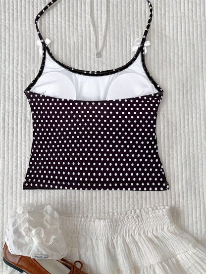 Elavelle Women's Beach Random Print Halter Neck Bow Decor Polka Dot Bikini Top, Spring/Summer