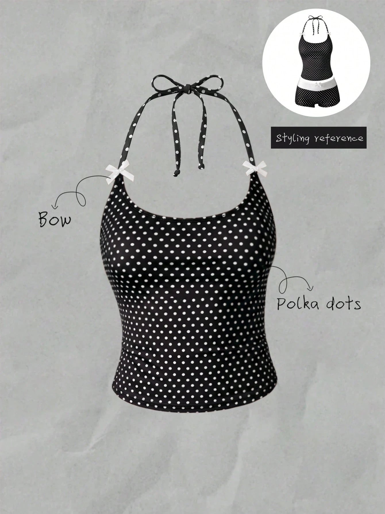 Elavelle Women's Beach Random Print Halter Neck Bow Decor Polka Dot Bikini Top, Spring/Summer