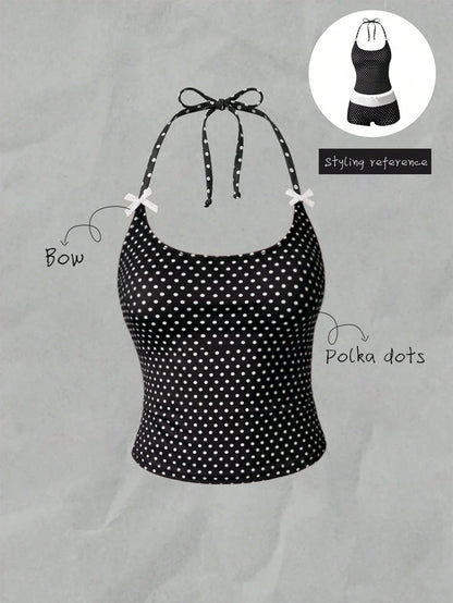 Elavelle Women's Beach Random Print Halter Neck Bow Decor Polka Dot Bikini Top, Spring/Summer