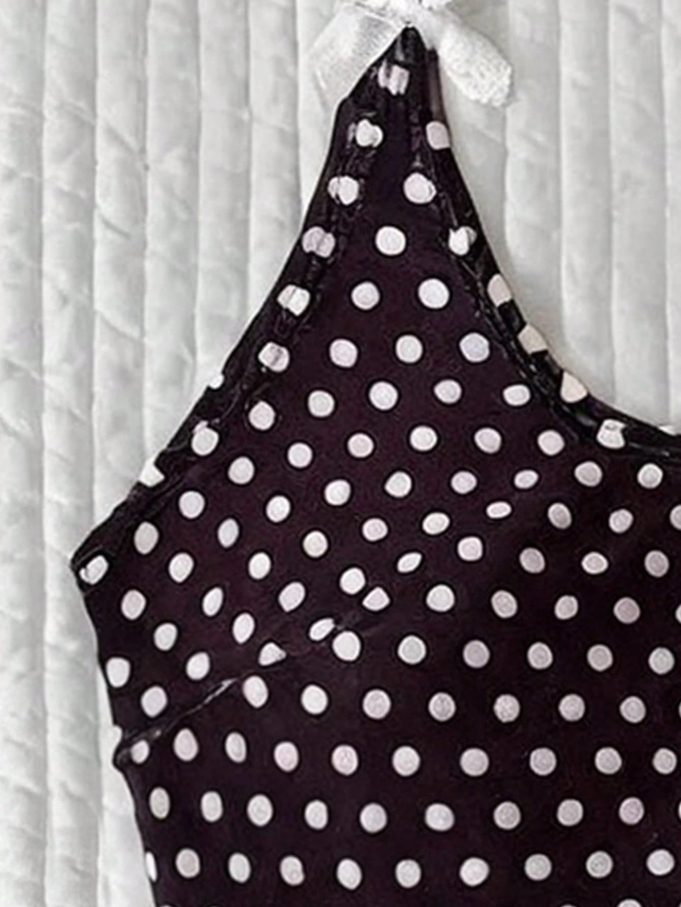Elavelle Women's Beach Random Print Halter Neck Bow Decor Polka Dot Bikini Top, Spring/Summer