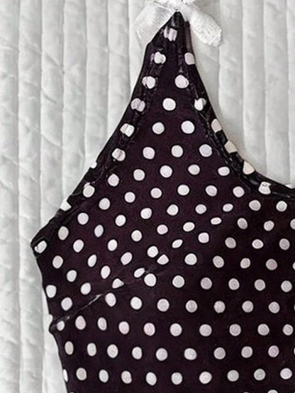 Elavelle Women's Beach Random Print Halter Neck Bow Decor Polka Dot Bikini Top, Spring/Summer