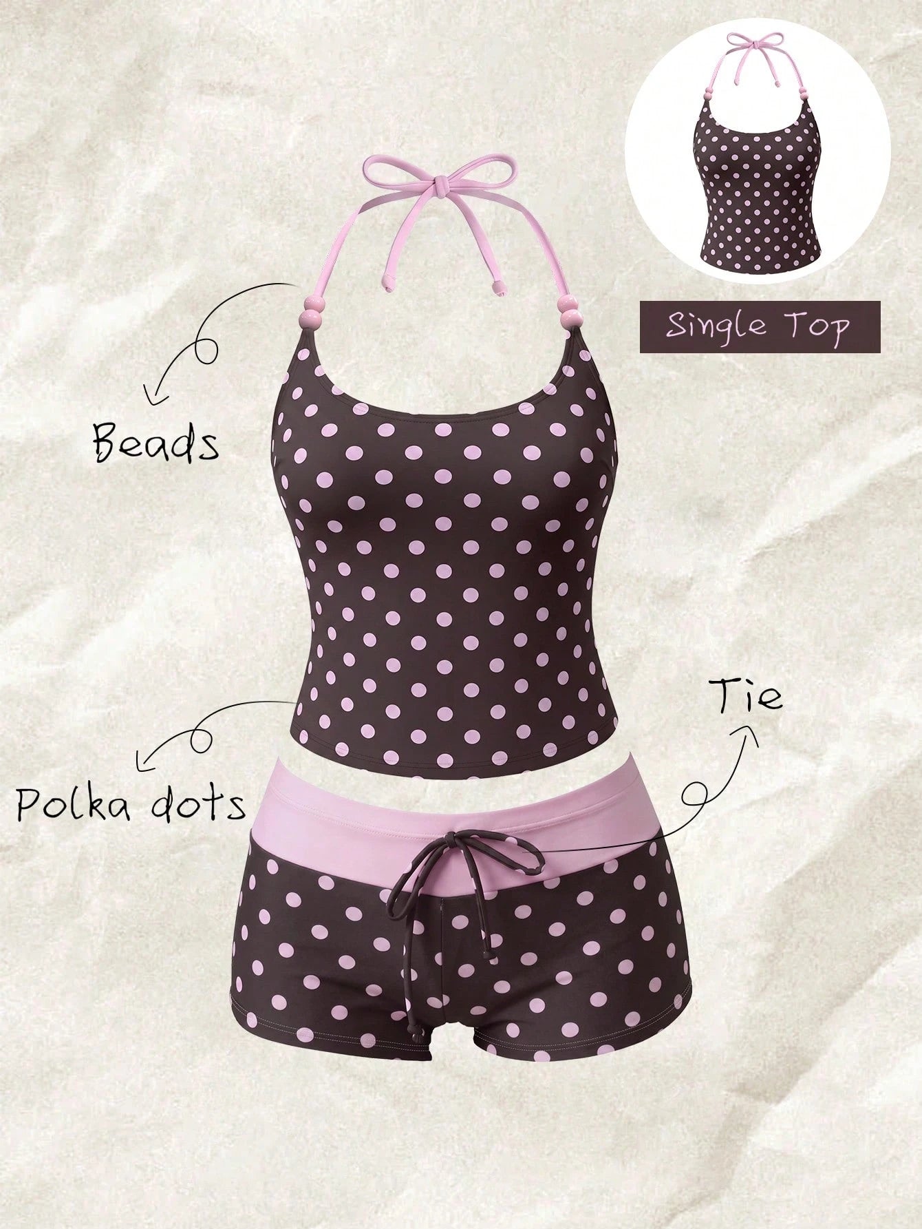 Elavelle Women's Beach Random Print Halter Neck Bow Decor Polka Dot Bikini Top, Spring/Summer