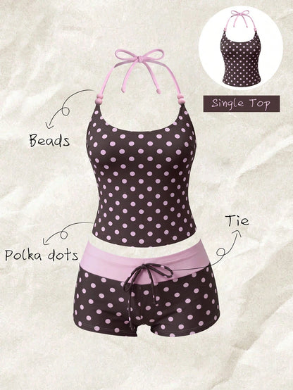 Elavelle Women's Beach Random Print Halter Neck Bow Decor Polka Dot Bikini Top, Spring/Summer