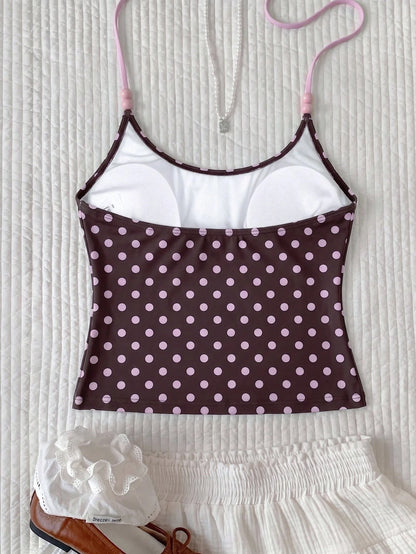 Elavelle Women's Beach Random Print Halter Neck Bow Decor Polka Dot Bikini Top, Spring/Summer