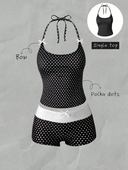 Elavelle Women's Beach Random Print Halter Neck Bow Decor Polka Dot Bikini Top, Spring/Summer