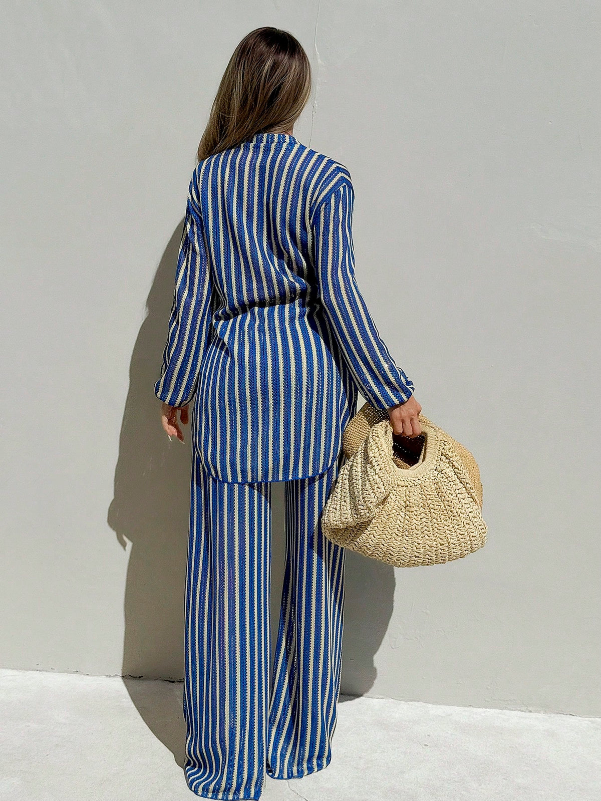 Elavelle Women's Blue & White Striped Jacquard Fabric Open Front Shirt Collar Kimono Cover-Up, Spring/Summer