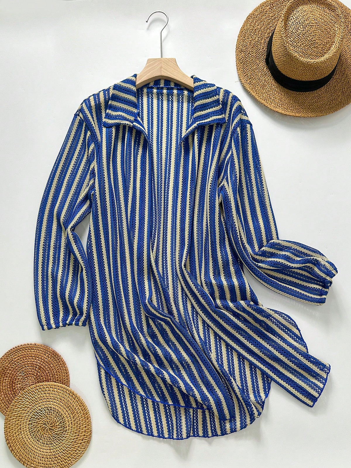 Elavelle Women's Blue & White Striped Jacquard Fabric Open Front Shirt Collar Kimono Cover-Up, Spring/Summer