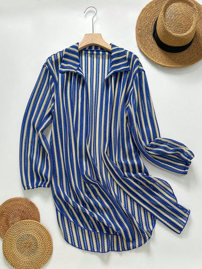 Elavelle Women's Blue & White Striped Jacquard Fabric Open Front Shirt Collar Kimono Cover-Up, Spring/Summer