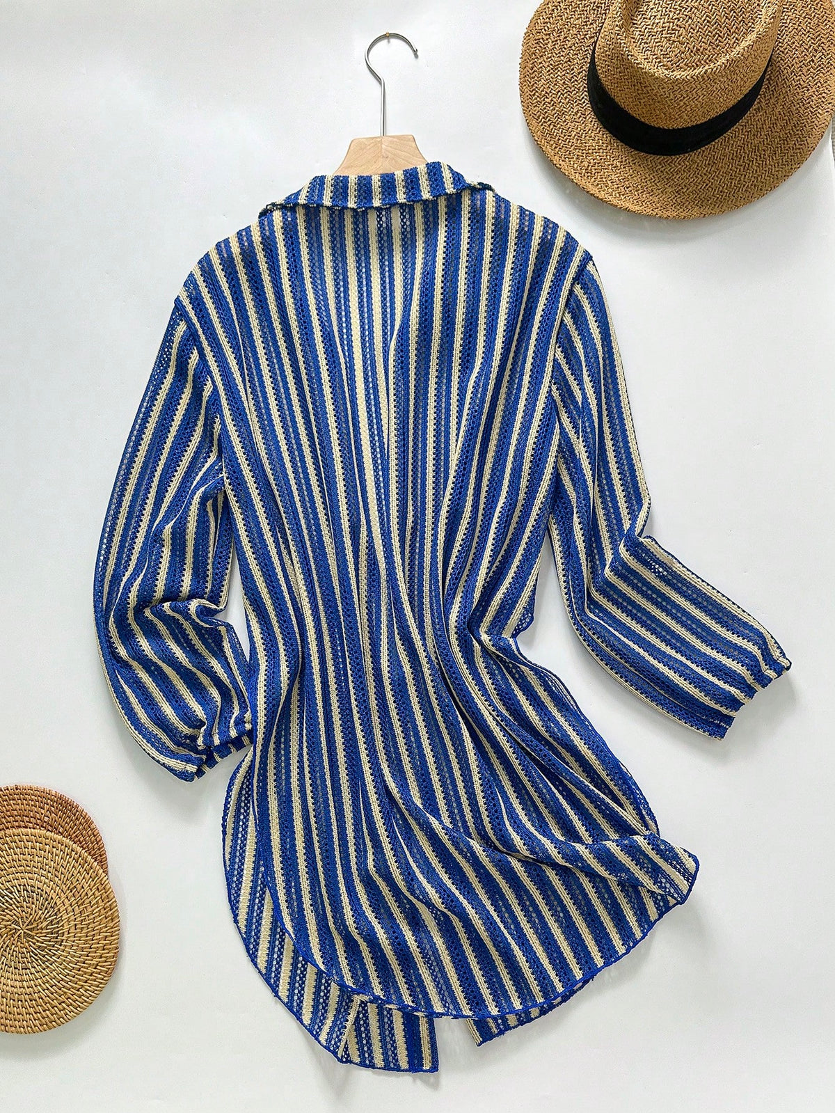 Elavelle Women's Blue & White Striped Jacquard Fabric Open Front Shirt Collar Kimono Cover-Up, Spring/Summer