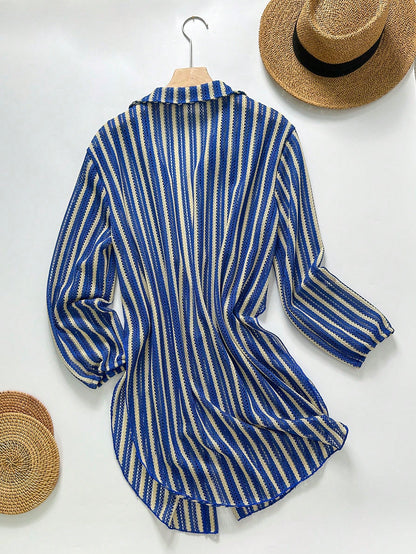 Elavelle Women's Blue & White Striped Jacquard Fabric Open Front Shirt Collar Kimono Cover-Up, Spring/Summer