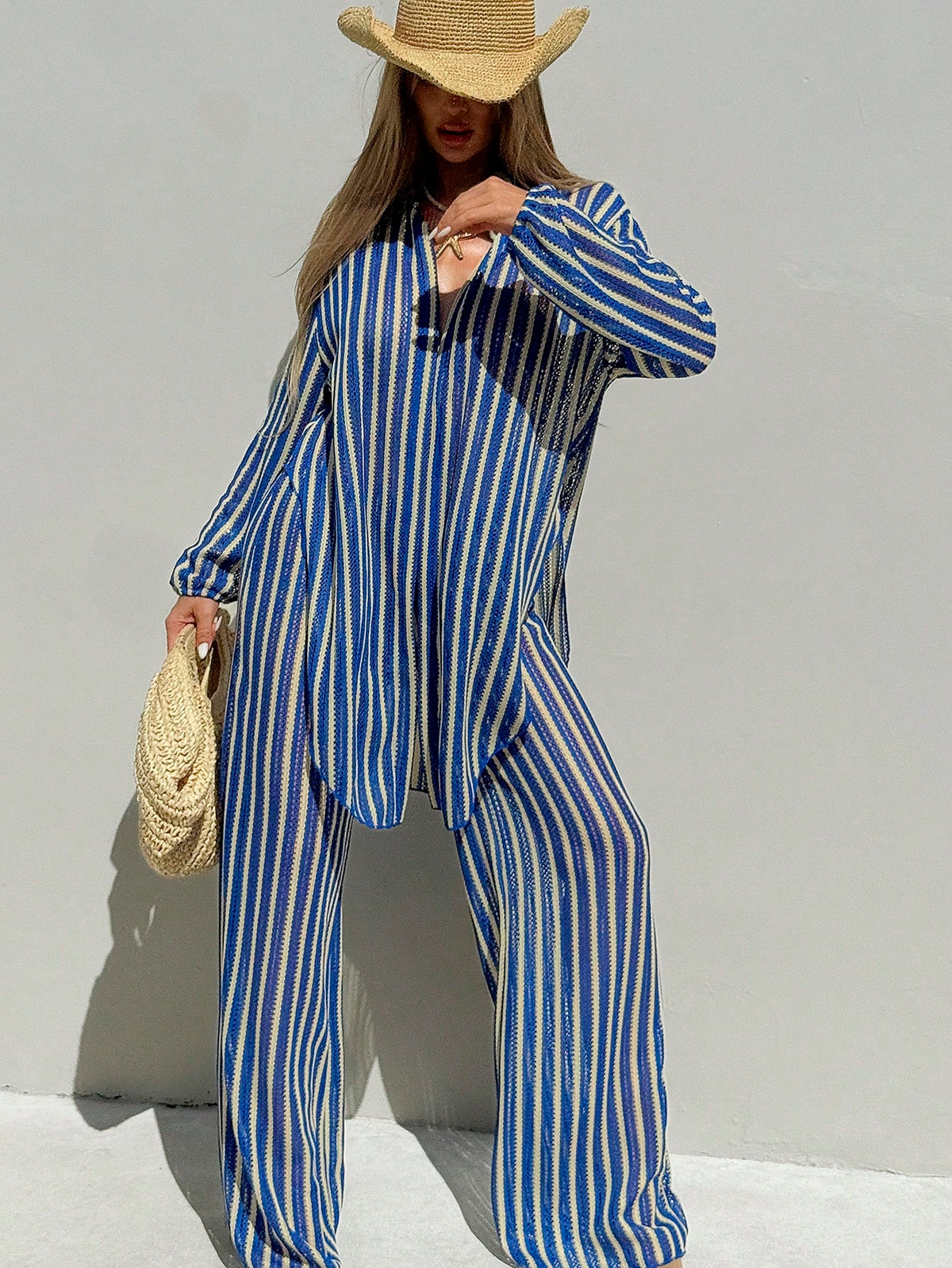 Elavelle Women's Blue & White Striped Jacquard Fabric Open Front Shirt Collar Kimono Cover-Up, Spring/Summer