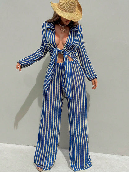 Elavelle Women's Blue & White Striped Jacquard Fabric Open Front Shirt Collar Kimono Cover-Up, Spring/Summer