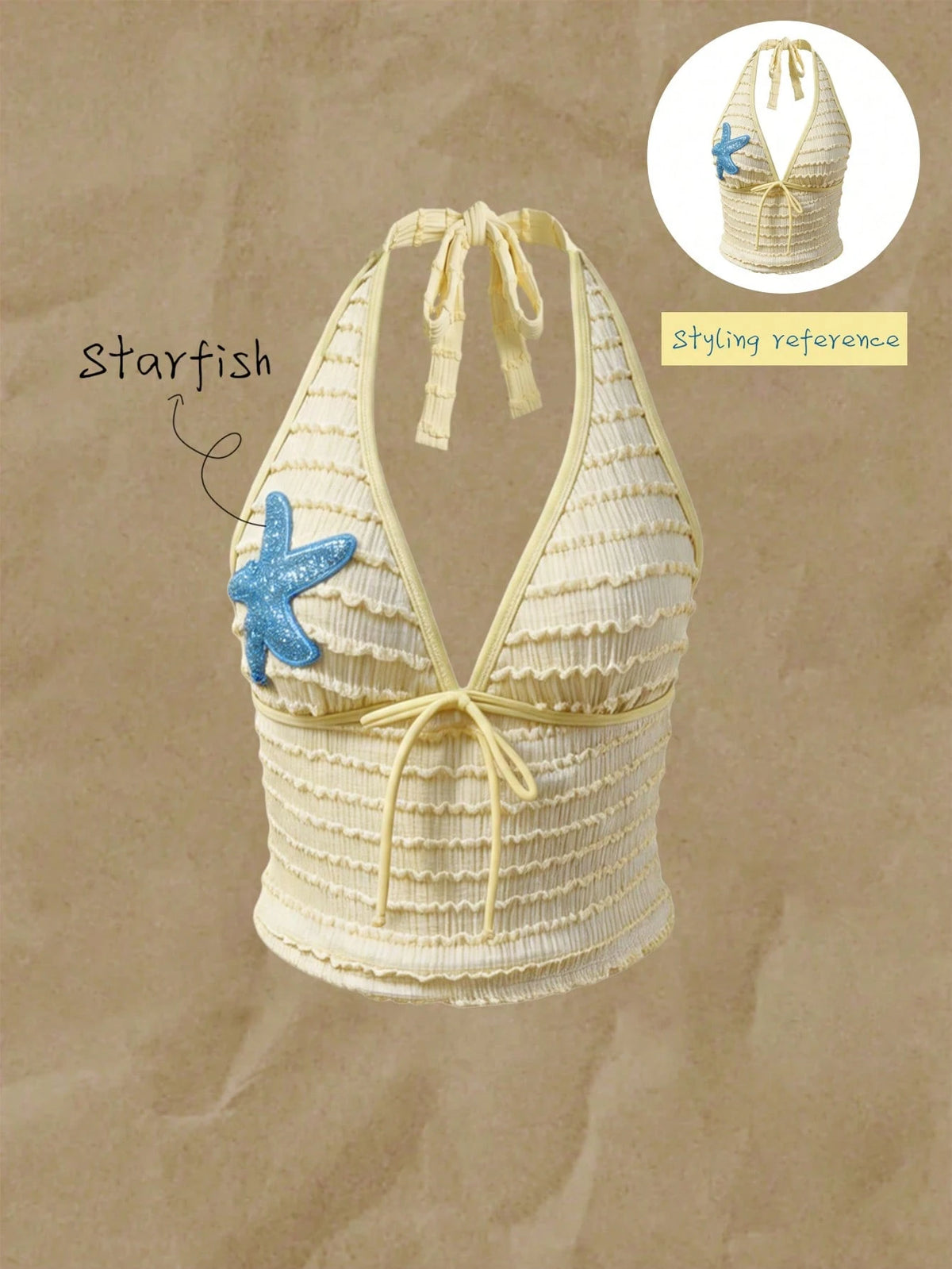 Elavelle Women's Jacquard Fabric Strap Starfish Decor Halter Top, Suitable For Spring/Summer (Only Top, Without Shorts)