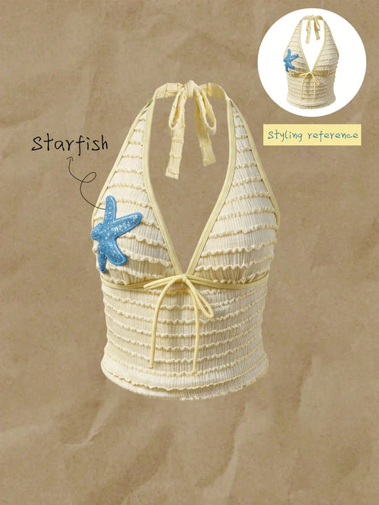 Elavelle Women's Jacquard Fabric Strap Starfish Decor Halter Top, Suitable For Spring/Summer (Only Top, Without Shorts)
