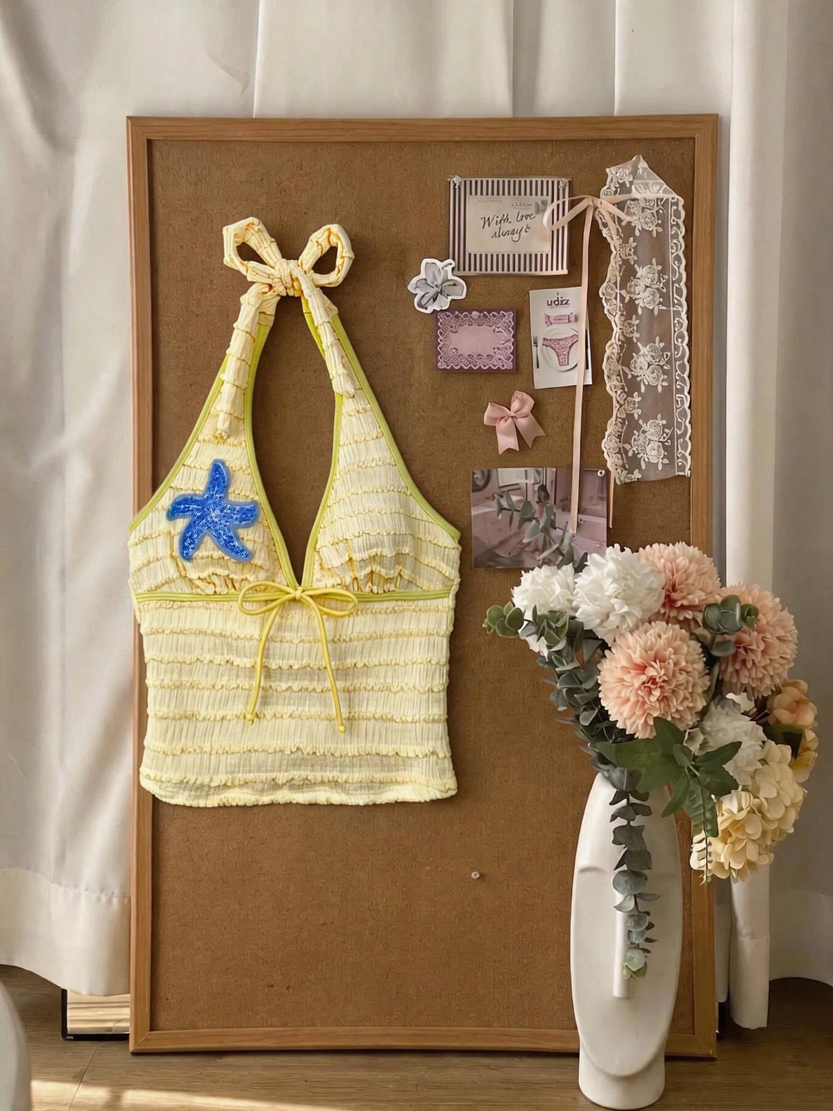 Elavelle Women's Jacquard Fabric Strap Starfish Decor Halter Top, Suitable For Spring/Summer (Only Top, Without Shorts)