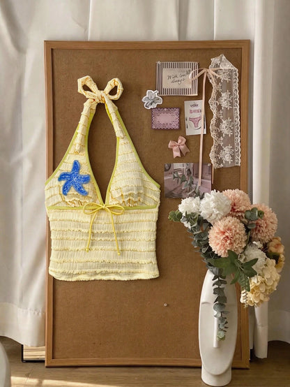 Elavelle Women's Jacquard Fabric Strap Starfish Decor Halter Top, Suitable For Spring/Summer (Only Top, Without Shorts)