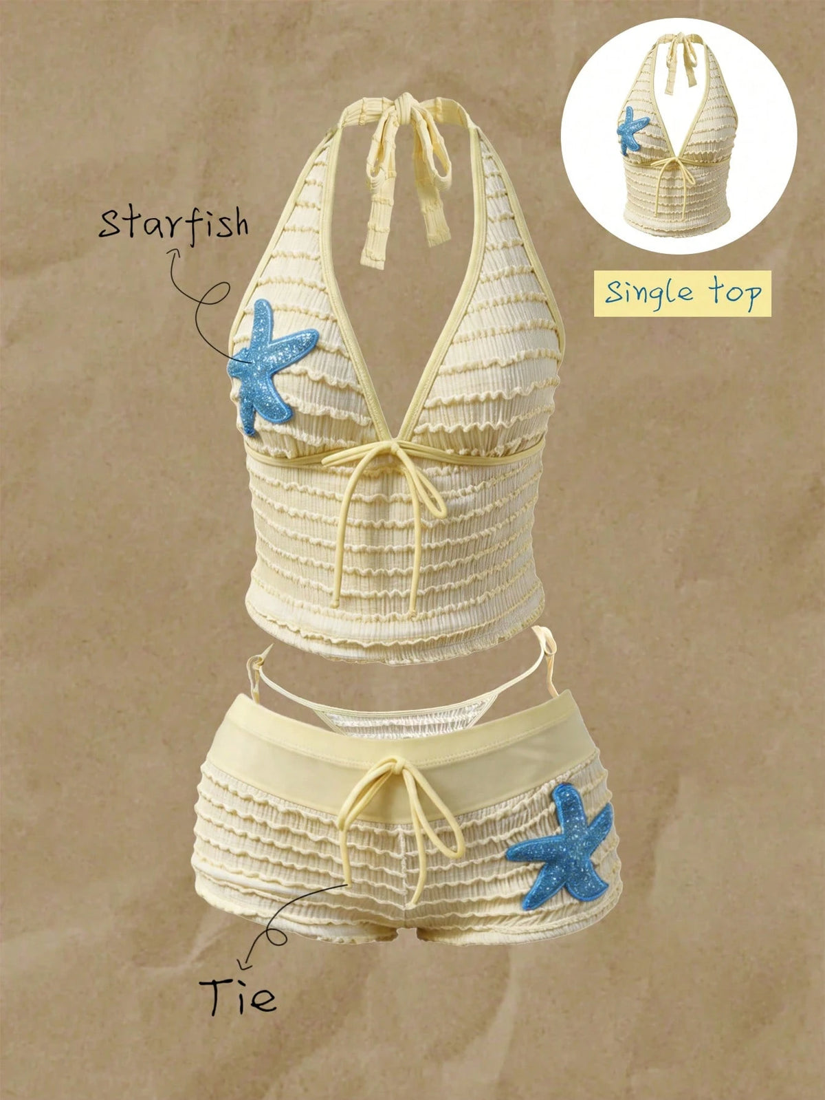 Elavelle Women's Jacquard Fabric Strap Starfish Decor Halter Top, Suitable For Spring/Summer (Only Top, Without Shorts)