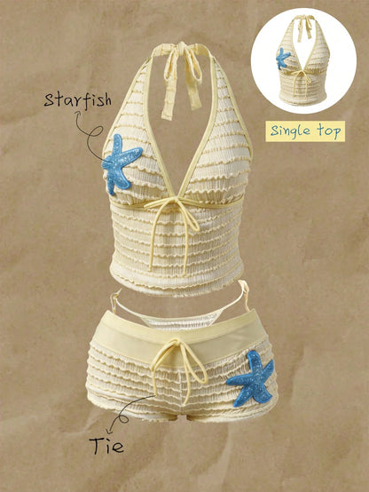 Elavelle Women's Jacquard Fabric Strap Starfish Decor Halter Top, Suitable For Spring/Summer (Only Top, Without Shorts)