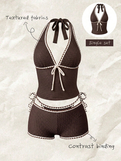 Elavelle Women's Jacquard Fabric Strap Starfish Decor Halter Top, Suitable For Spring/Summer (Only Top, Without Shorts)