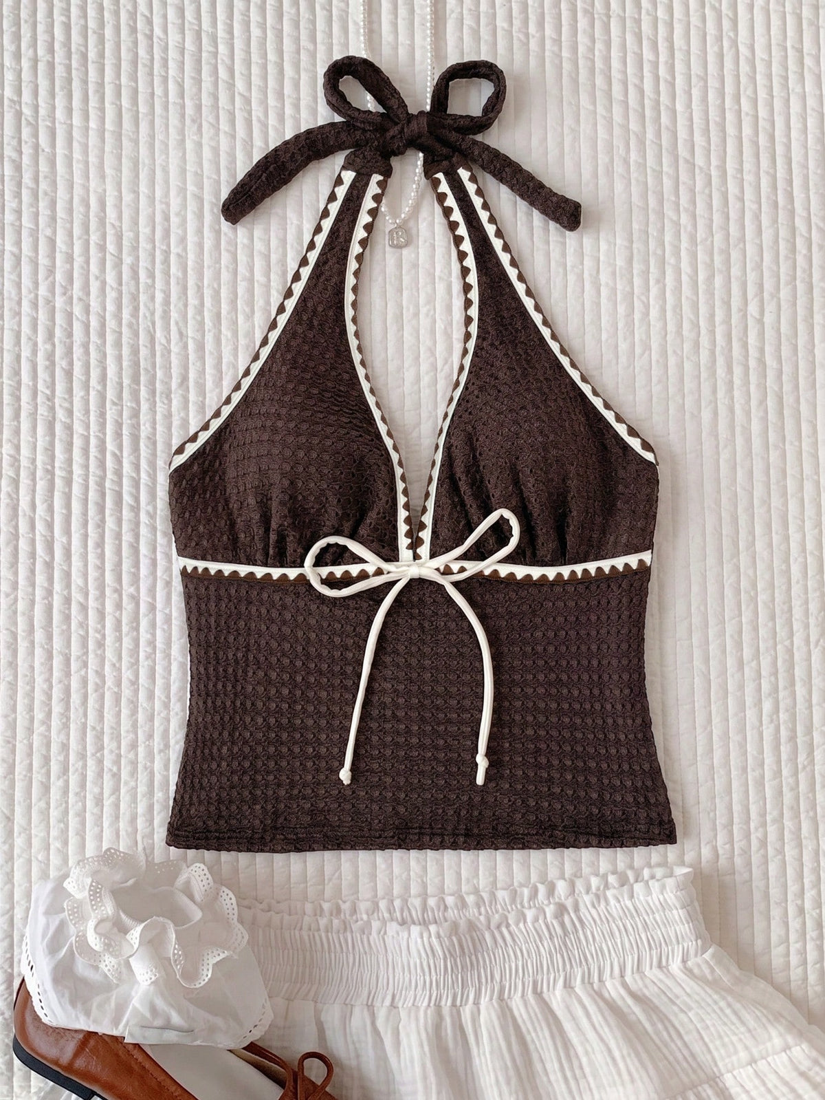 Elavelle Women's Jacquard Fabric Strap Starfish Decor Halter Top, Suitable For Spring/Summer (Only Top, Without Shorts)