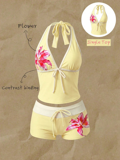 Elavelle Women's Spring/Summer Bowknot Spaghetti Strap Printed Bikini Top Vacation Butter Yellow Tropical