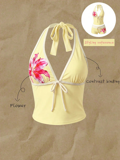 Elavelle Women's Spring/Summer Bowknot Spaghetti Strap Printed Bikini Top Vacation Butter Yellow Tropical