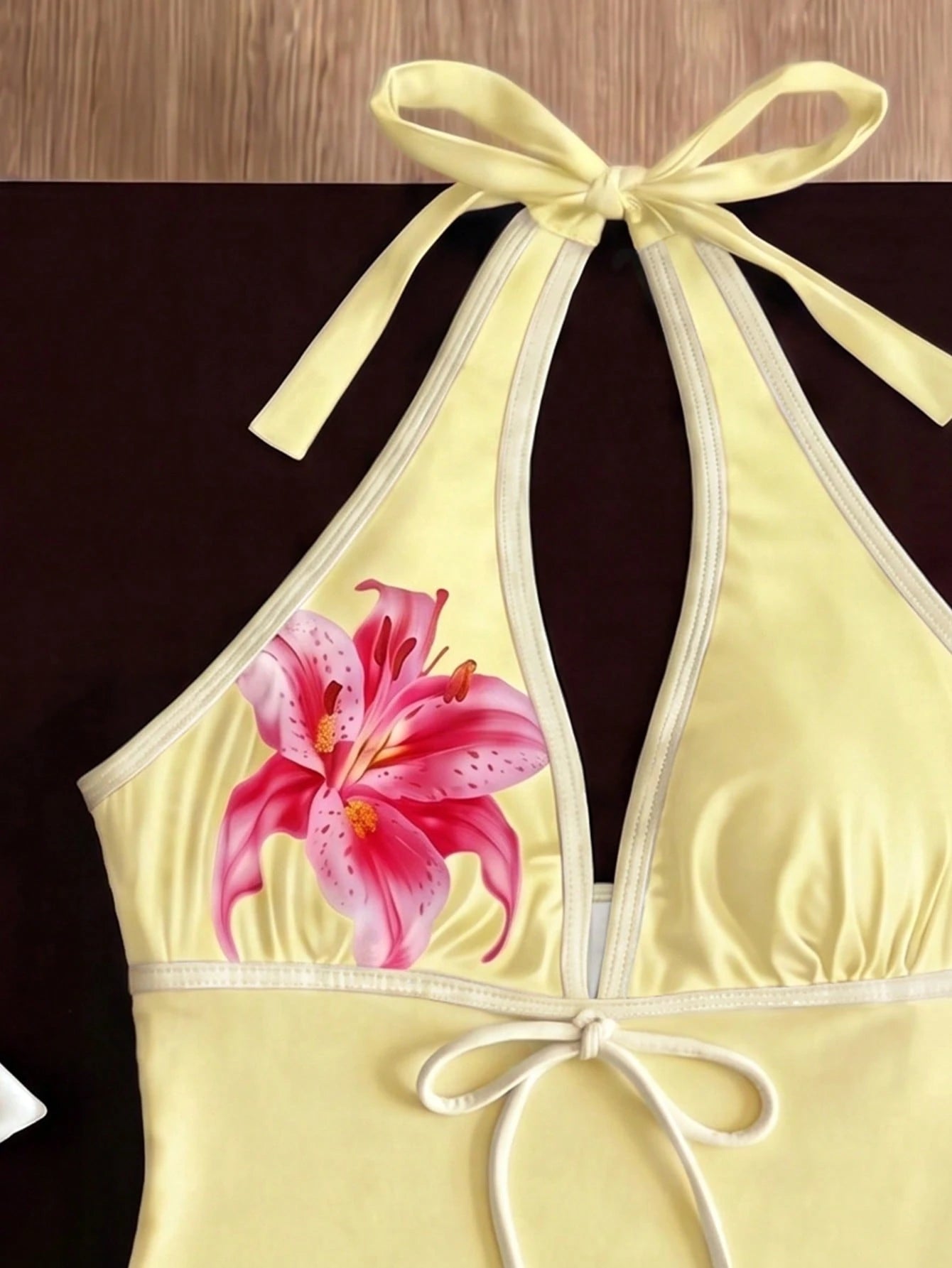Elavelle Women's Spring/Summer Bowknot Spaghetti Strap Printed Bikini Top Vacation Butter Yellow Tropical
