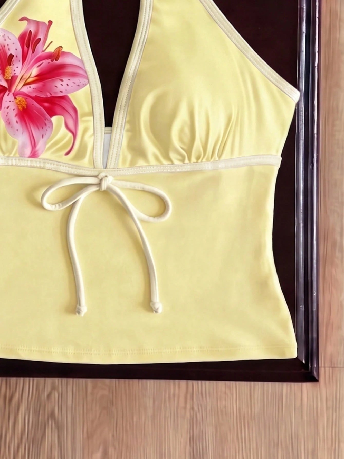 Elavelle Women's Spring/Summer Bowknot Spaghetti Strap Printed Bikini Top Vacation Butter Yellow Tropical