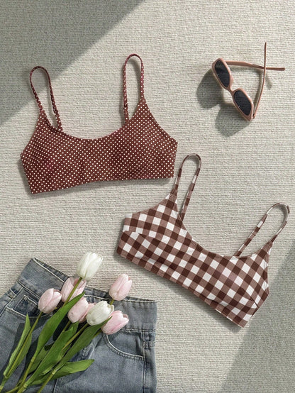 Elavelle Women's Spring/Summer Random Print Spaghetti Strap 2-Piece Bikini Top