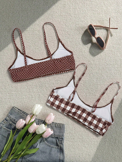 Elavelle Women's Spring/Summer Random Print Spaghetti Strap 2-Piece Bikini Top