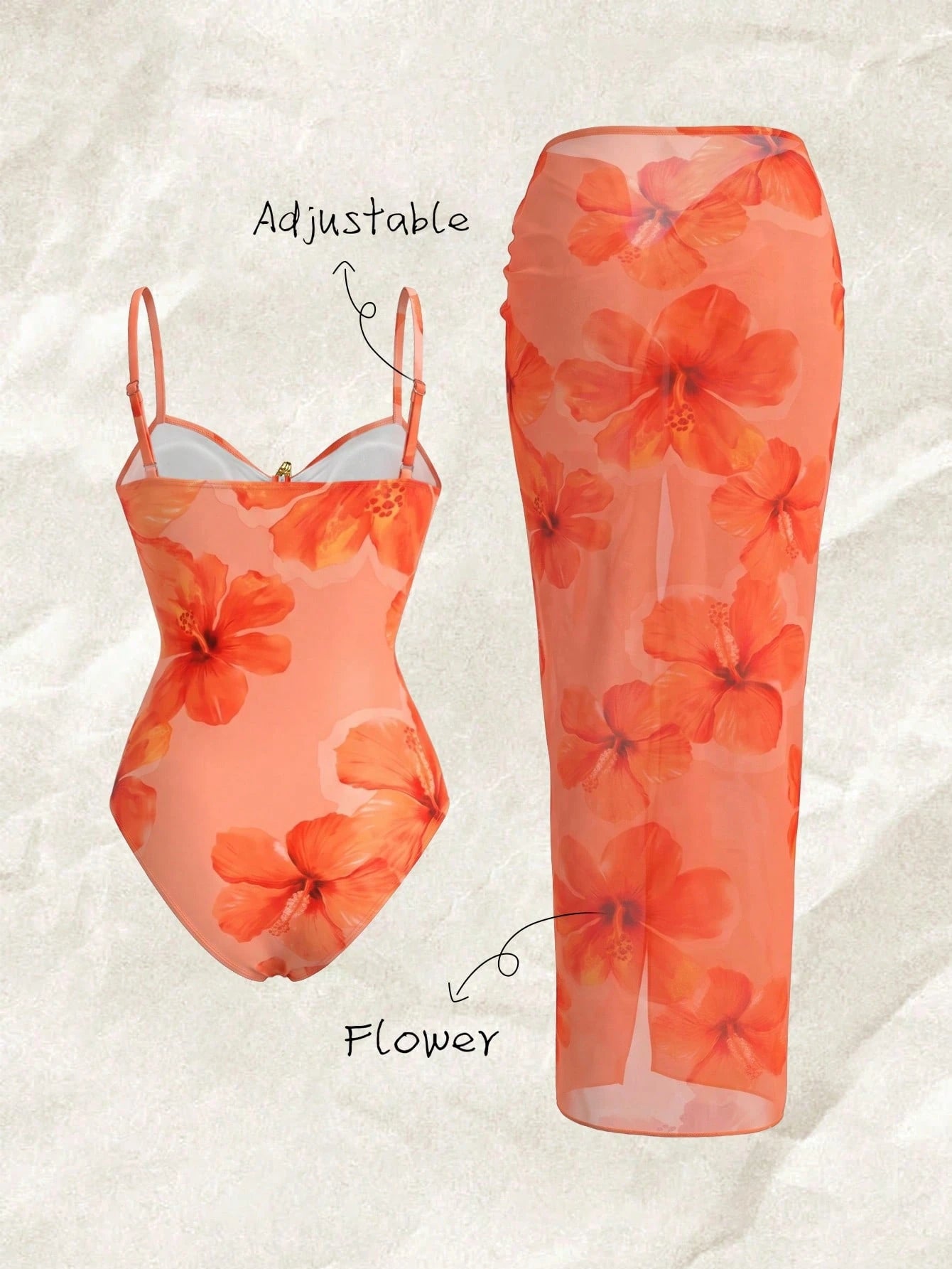 Elavelle Women's Spring/Summer Random Print Spaghetti Strap Metal Decor Long Dress 2-Piece Set One-Piece Swimsuit
