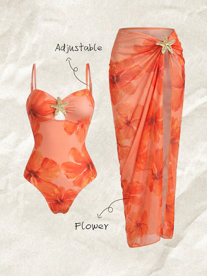 Elavelle Women's Spring/Summer Random Print Spaghetti Strap Metal Decor Long Dress 2-Piece Set One-Piece Swimsuit
