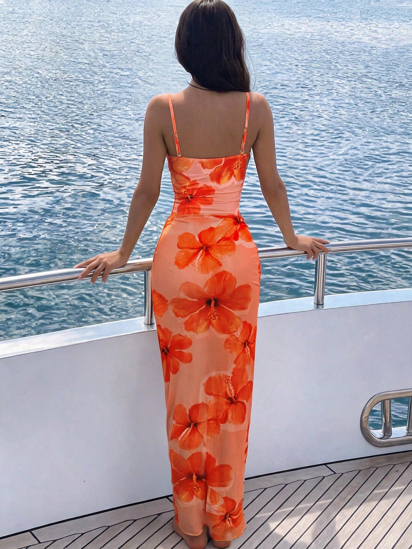 Elavelle Women's Spring/Summer Random Print Spaghetti Strap Metal Decor Long Dress 2-Piece Set One-Piece Swimsuit