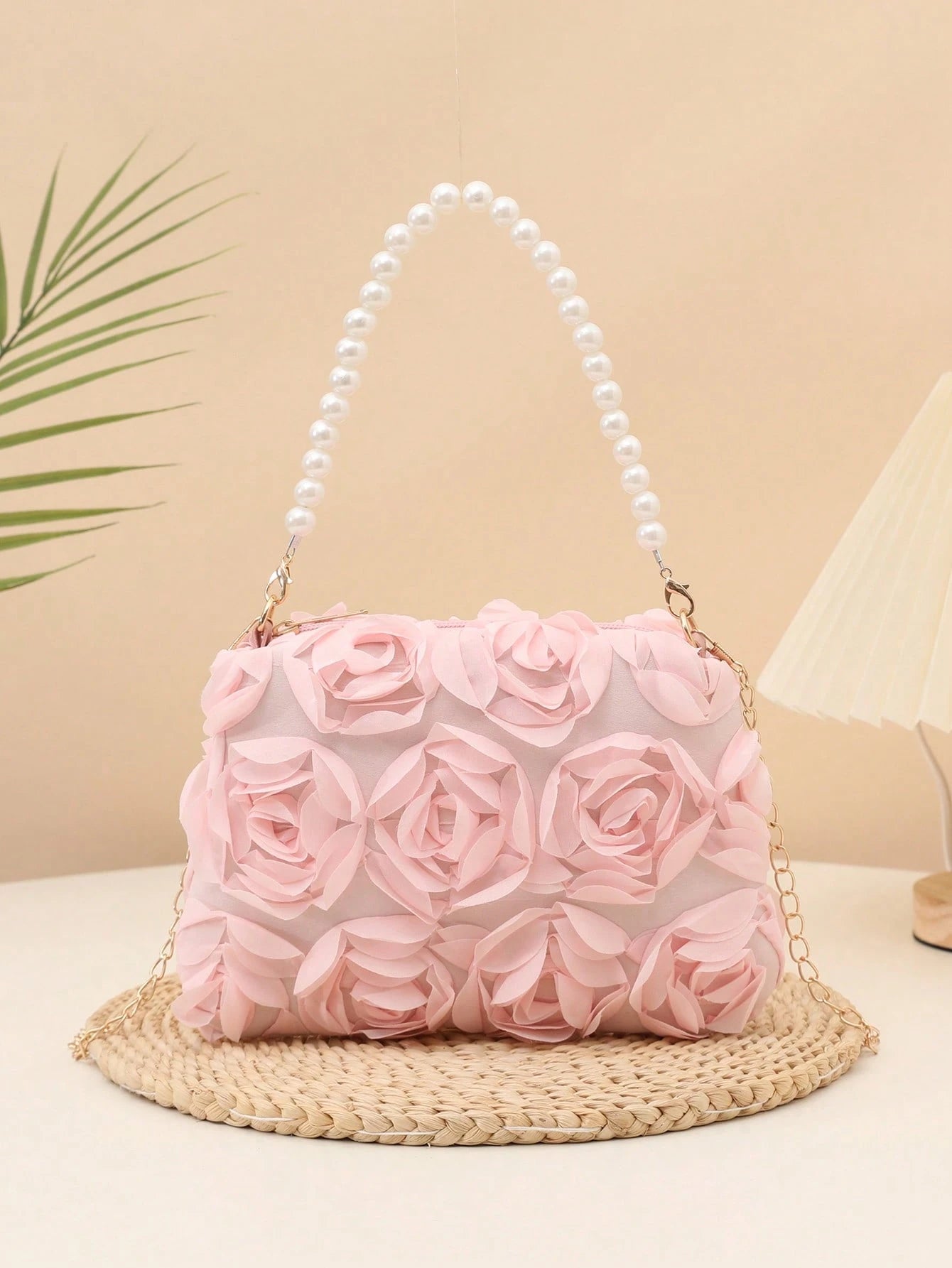 Elegant 3D Rose Shoulder Bag, Metal Chain Crossbody Bag, Women's Faux Pearl Handbag, Women's Party Dress, Party Bag, Holiday Party Dress, Valentine's Day Gift, Bridal Bag, Bridesmaid Bag, Suitable For