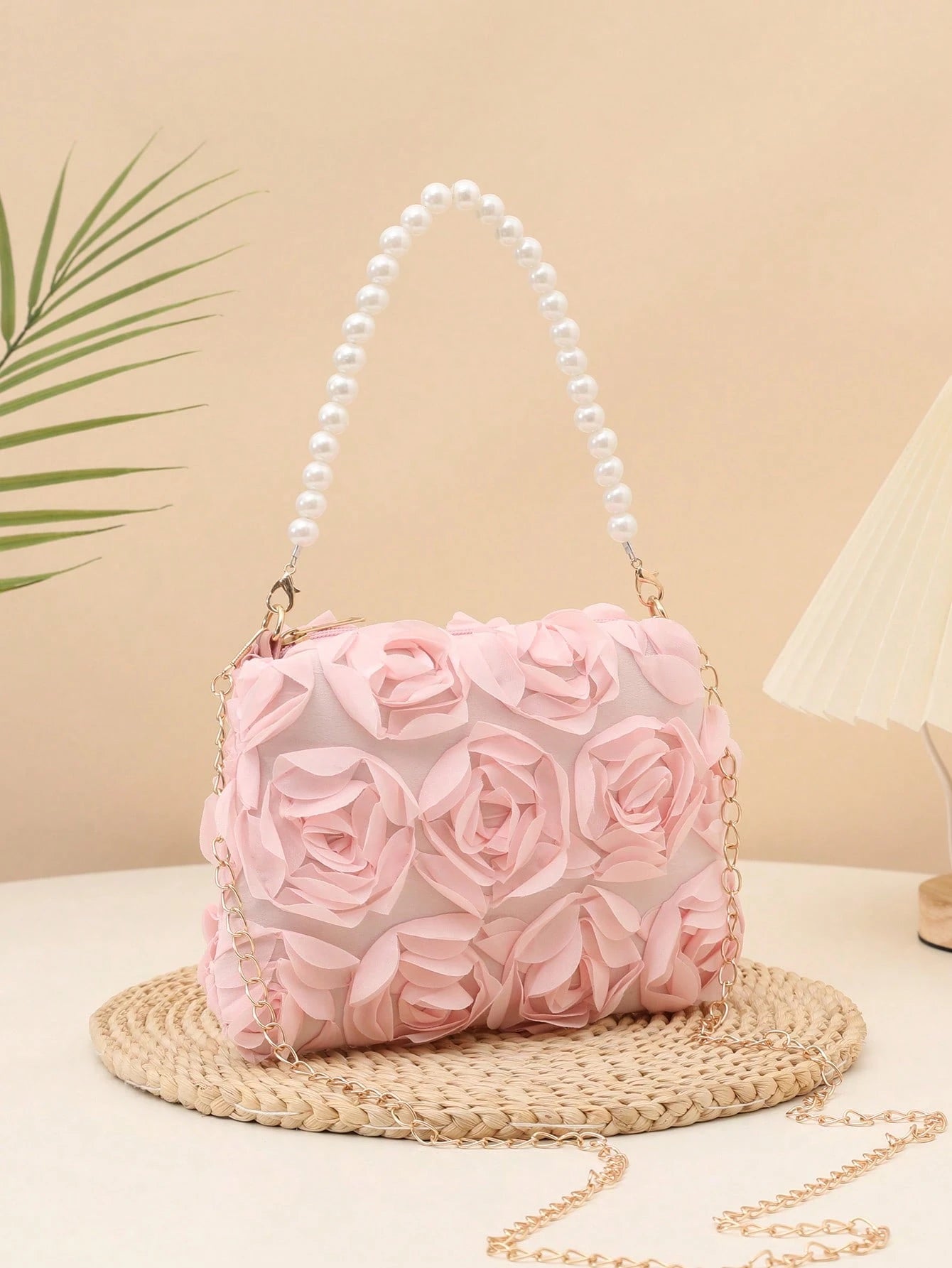 Elegant 3D Rose Shoulder Bag, Metal Chain Crossbody Bag, Women's Faux Pearl Handbag, Women's Party Dress, Party Bag, Holiday Party Dress, Valentine's Day Gift, Bridal Bag, Bridesmaid Bag, Suitable For