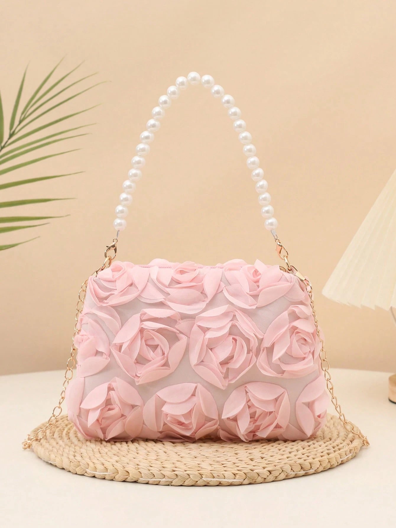 Elegant 3D Rose Shoulder Bag, Metal Chain Crossbody Bag, Women's Faux Pearl Handbag, Women's Party Dress, Party Bag, Holiday Party Dress, Valentine's Day Gift, Bridal Bag, Bridesmaid Bag, Suitable For