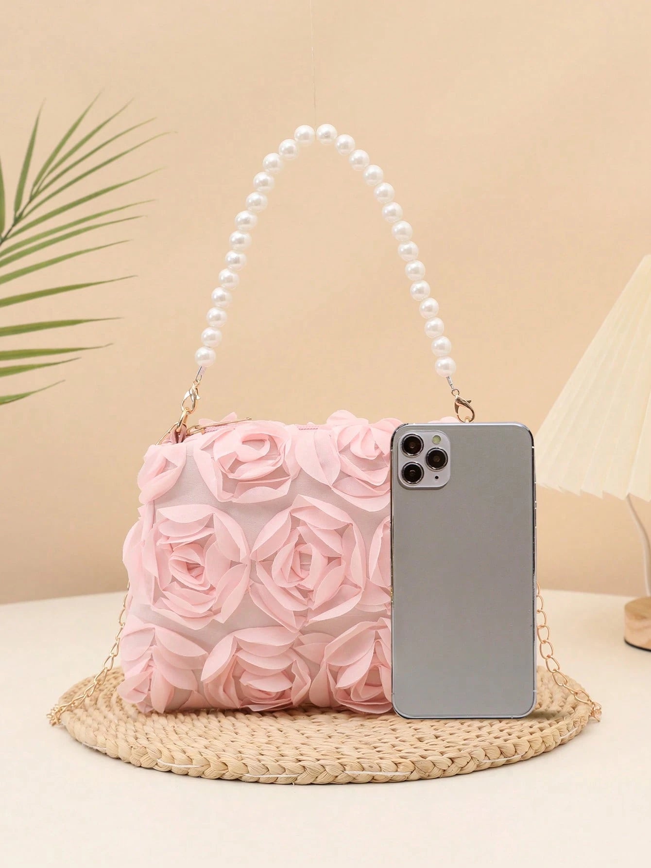 Elegant 3D Rose Shoulder Bag, Metal Chain Crossbody Bag, Women's Faux Pearl Handbag, Women's Party Dress, Party Bag, Holiday Party Dress, Valentine's Day Gift, Bridal Bag, Bridesmaid Bag, Suitable For