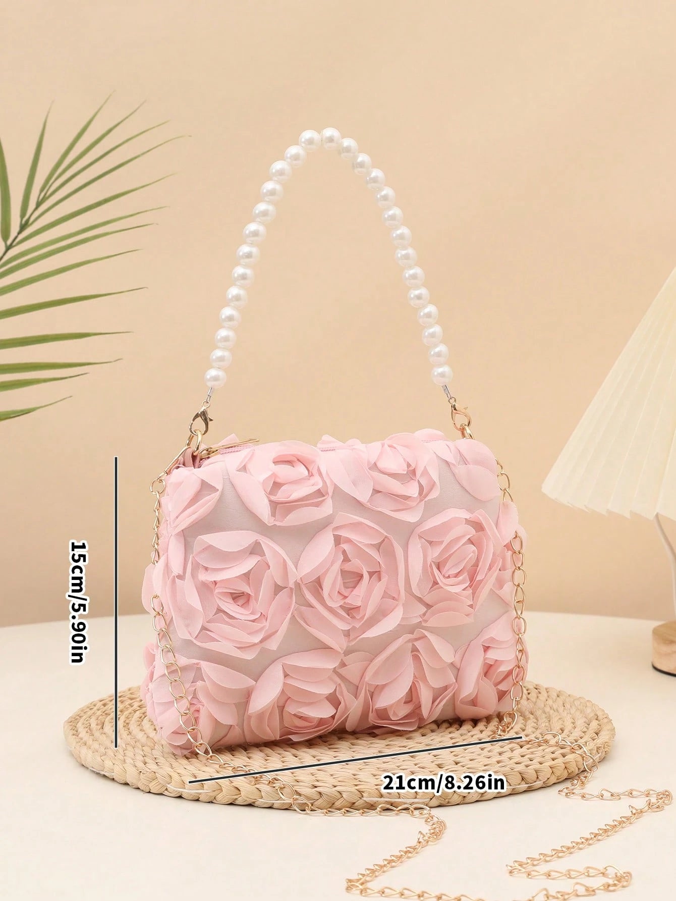Elegant 3D Rose Shoulder Bag, Metal Chain Crossbody Bag, Women's Faux Pearl Handbag, Women's Party Dress, Party Bag, Holiday Party Dress, Valentine's Day Gift, Bridal Bag, Bridesmaid Bag, Suitable For