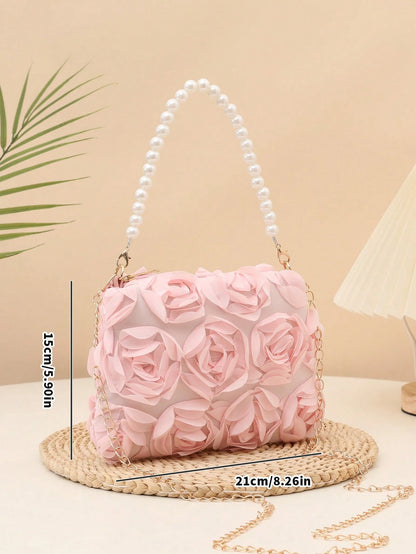 Elegant 3D Rose Shoulder Bag, Metal Chain Crossbody Bag, Women's Faux Pearl Handbag, Women's Party Dress, Party Bag, Holiday Party Dress, Valentine's Day Gift, Bridal Bag, Bridesmaid Bag, Suitable For