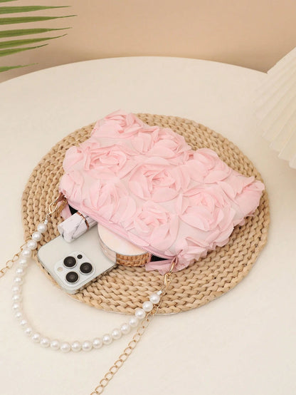 Elegant 3D Rose Shoulder Bag, Metal Chain Crossbody Bag, Women's Faux Pearl Handbag, Women's Party Dress, Party Bag, Holiday Party Dress, Valentine's Day Gift, Bridal Bag, Bridesmaid Bag, Suitable For