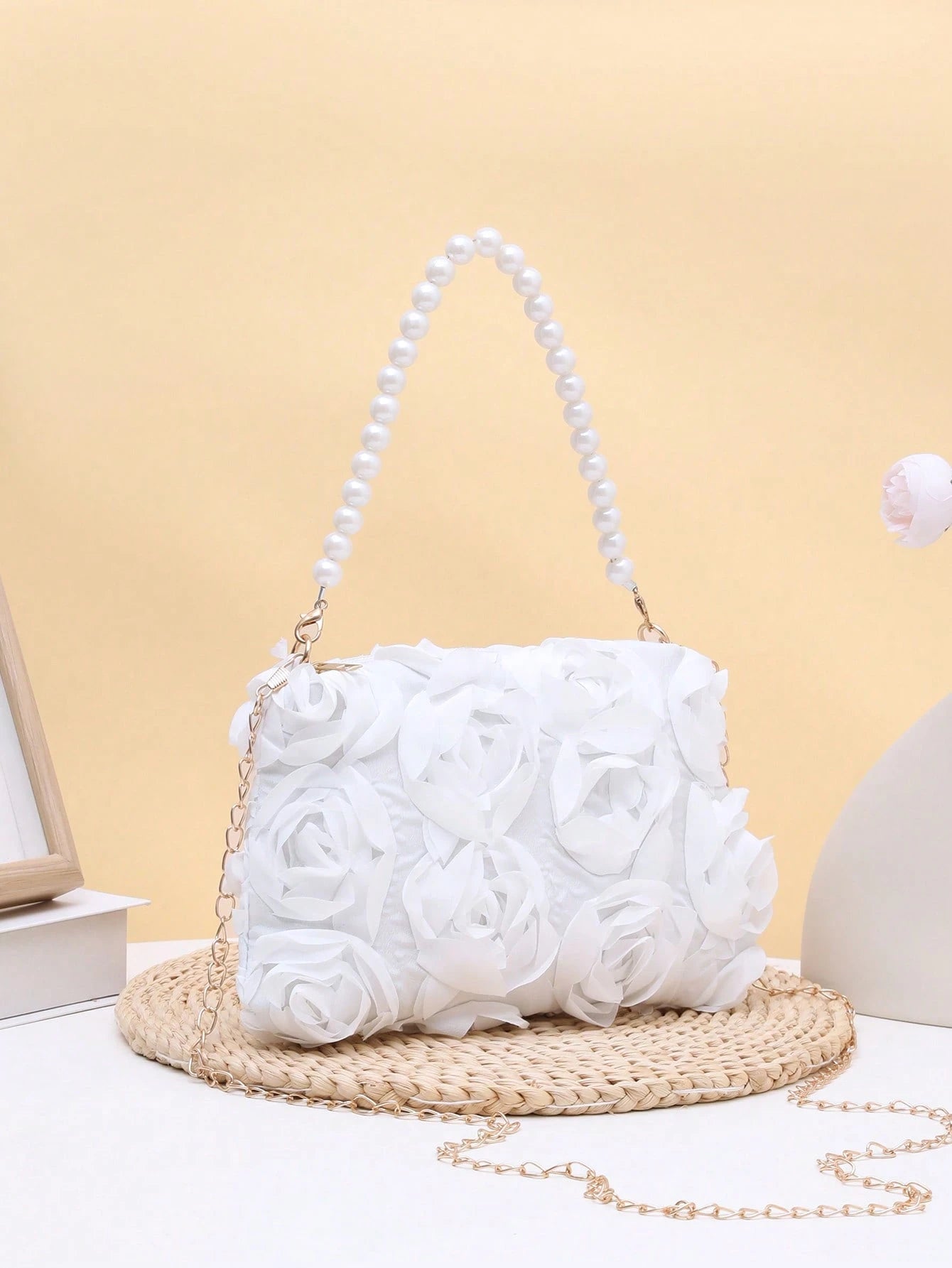 Elegant 3D Rose Shoulder Bag, Metal Chain Crossbody Bag, Women's Faux Pearl Handbag, Women's Party Dress, Party Bag, Holiday Party Dress, Valentine's Day Gift, Bridal Bag, Bridesmaid Bag, Suitable For
