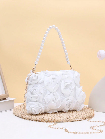 Elegant 3D Rose Shoulder Bag, Metal Chain Crossbody Bag, Women's Faux Pearl Handbag, Women's Party Dress, Party Bag, Holiday Party Dress, Valentine's Day Gift, Bridal Bag, Bridesmaid Bag, Suitable For