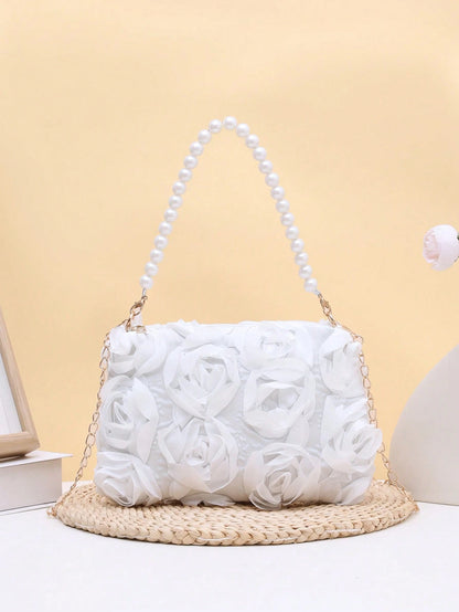 Elegant 3D Rose Shoulder Bag, Metal Chain Crossbody Bag, Women's Faux Pearl Handbag, Women's Party Dress, Party Bag, Holiday Party Dress, Valentine's Day Gift, Bridal Bag, Bridesmaid Bag, Suitable For