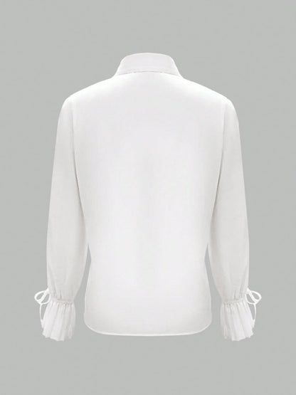 Elegant Casual French Style Slim Fit Solid Color Pleated Long Sleeve Shirt With Ruffle Design And Tie Cuffs Spring White
