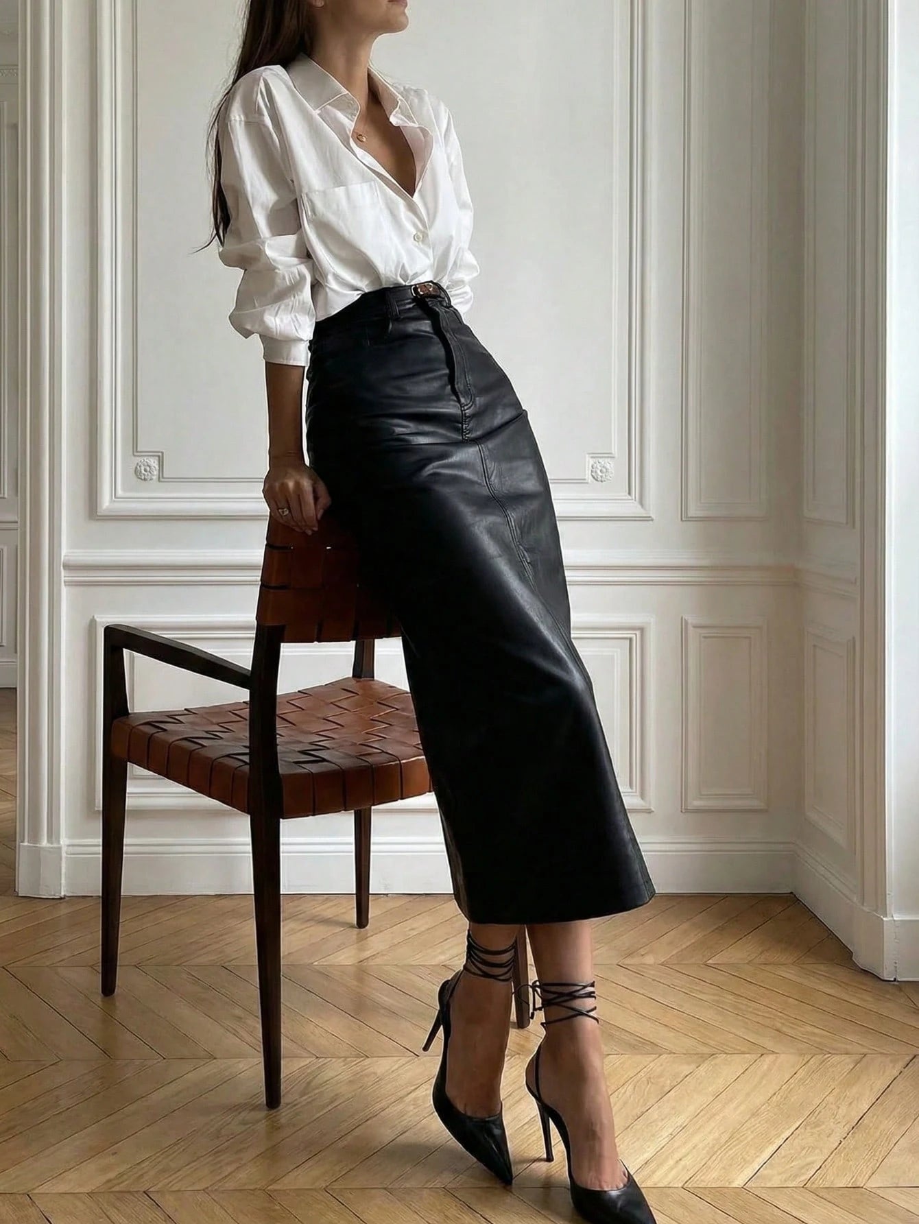 Elegant Commute Daily Business Old Money Style Leather High Cinched Waist Bodycon Faux Leather Midi Skirt Black