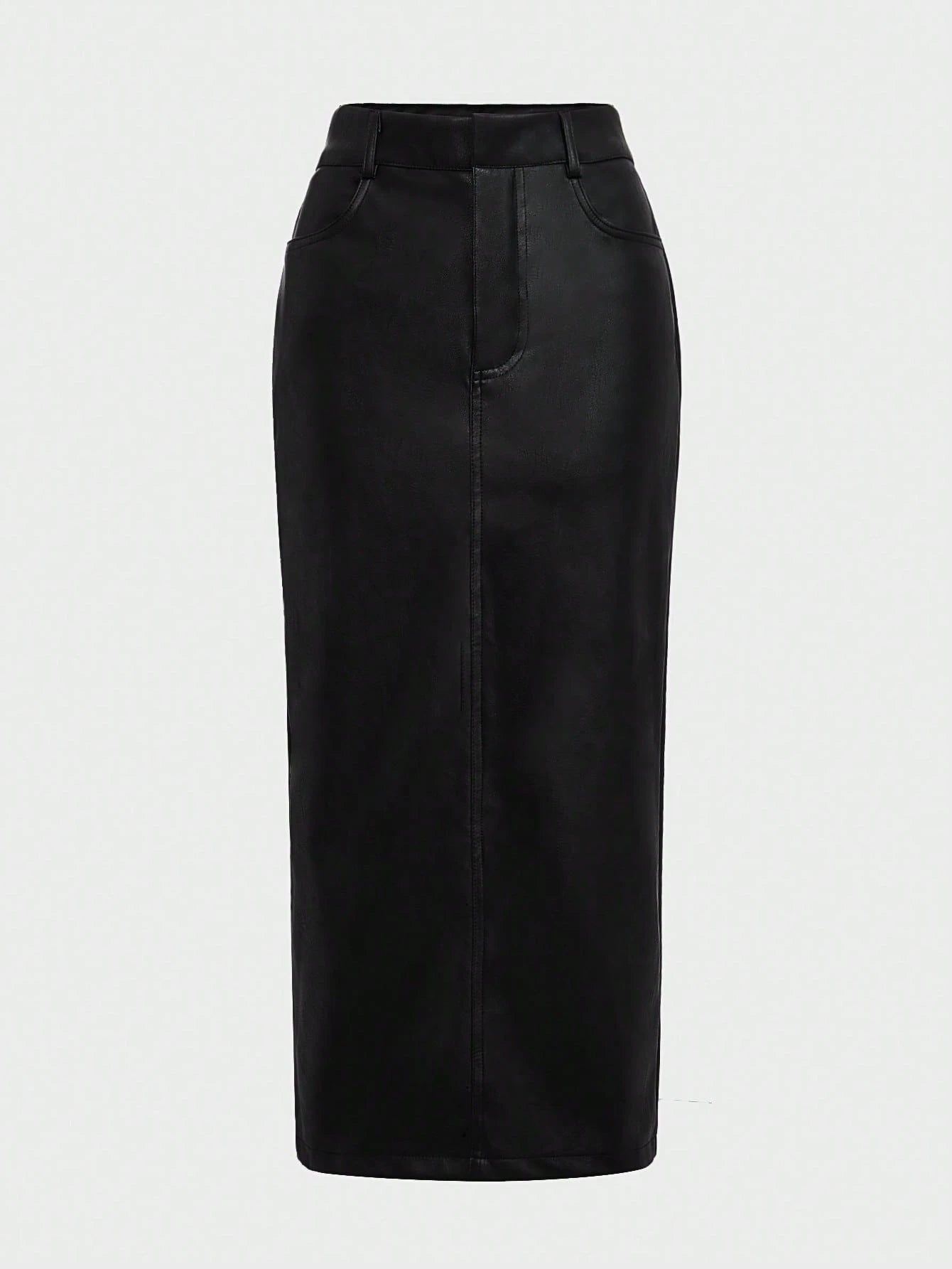 Elegant Commute Daily Business Old Money Style Leather High Cinched Waist Bodycon Faux Leather Midi Skirt Black